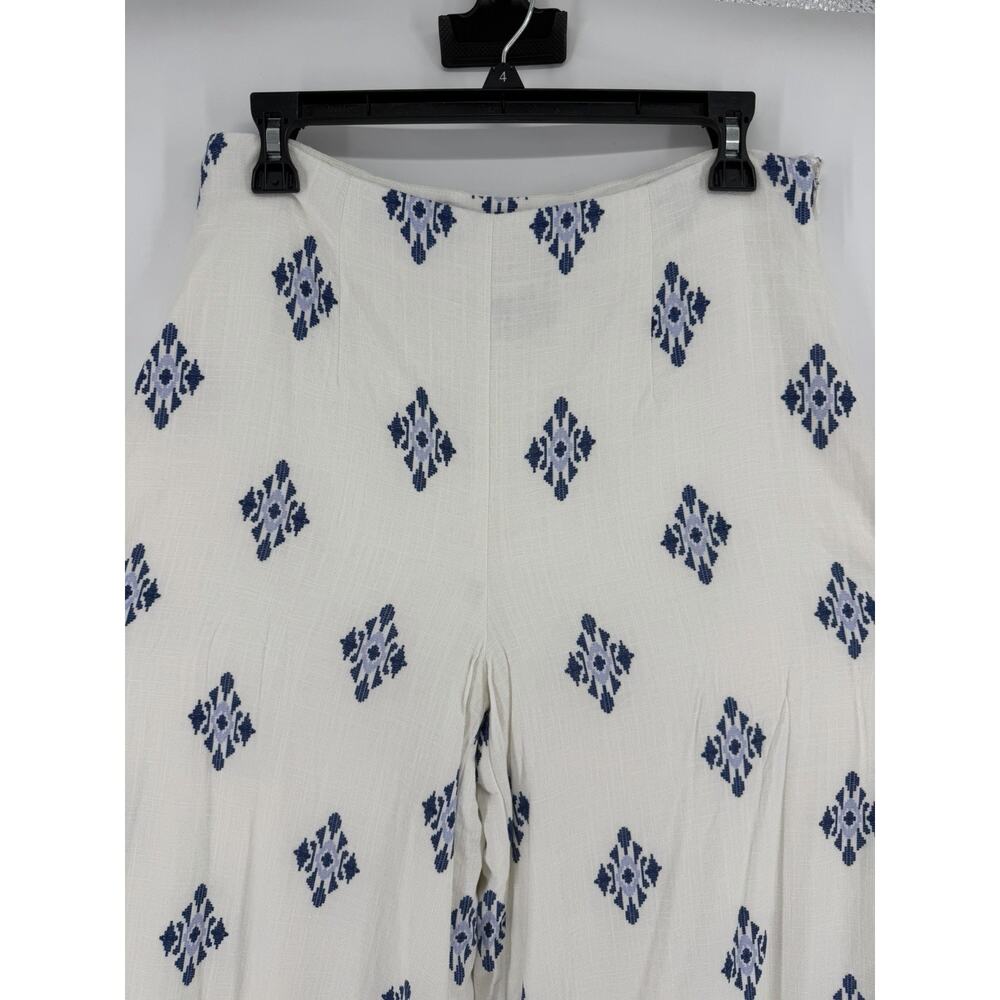 Alex Marie White Blue Linen Blend Geometric Cropped Wide Leg Pants Size 12/14 - Picture 3 of 8